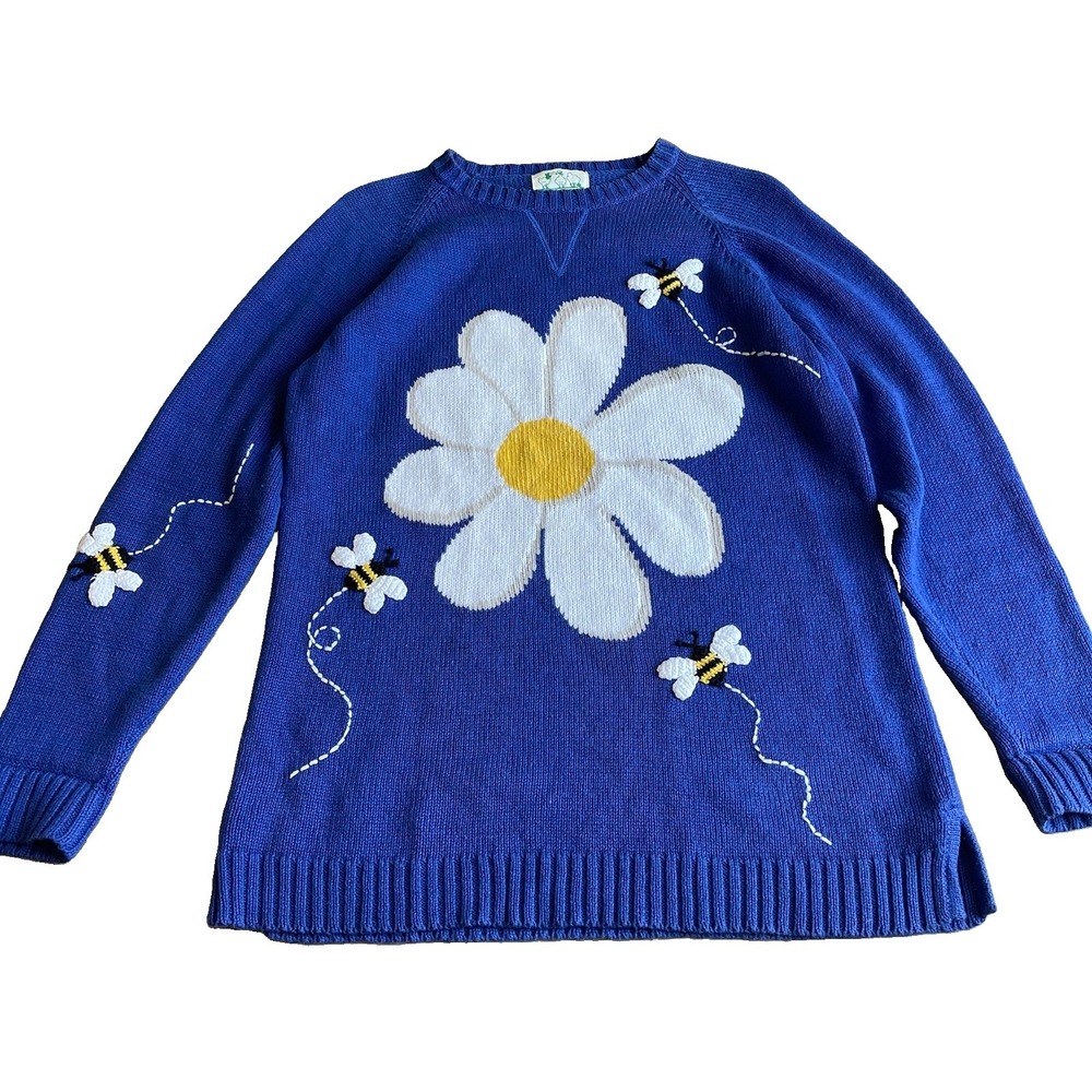 Vintage Quacker Factory Daisy & Bees Sweater Medium Cobalt Embroidered Novelty
